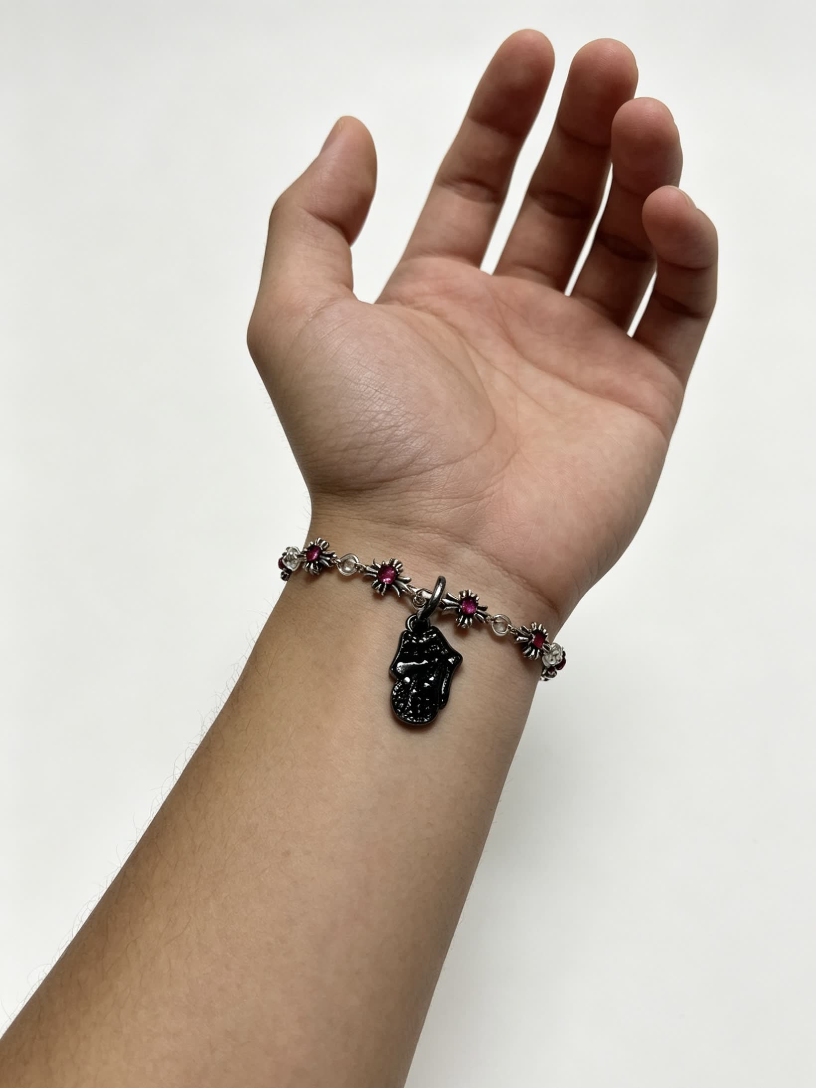 Chrome Hearts Silver and Ruby Gemstone Bracelet with Beetle Charm